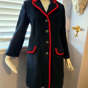 Vintage Austrian Women’s Blue Pea Coat with Red Contrast Trim